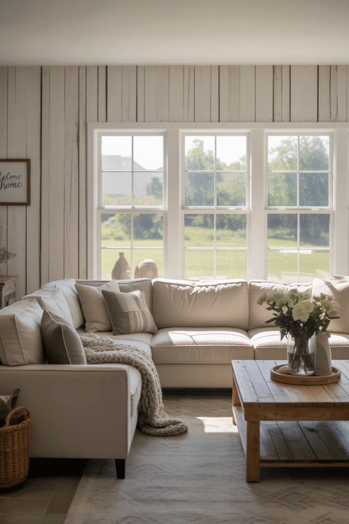 As a part of wood trim accent wall ideas this picture shows white board and batten wall adds classic charm and vertical texture to a modern farmhouse room.