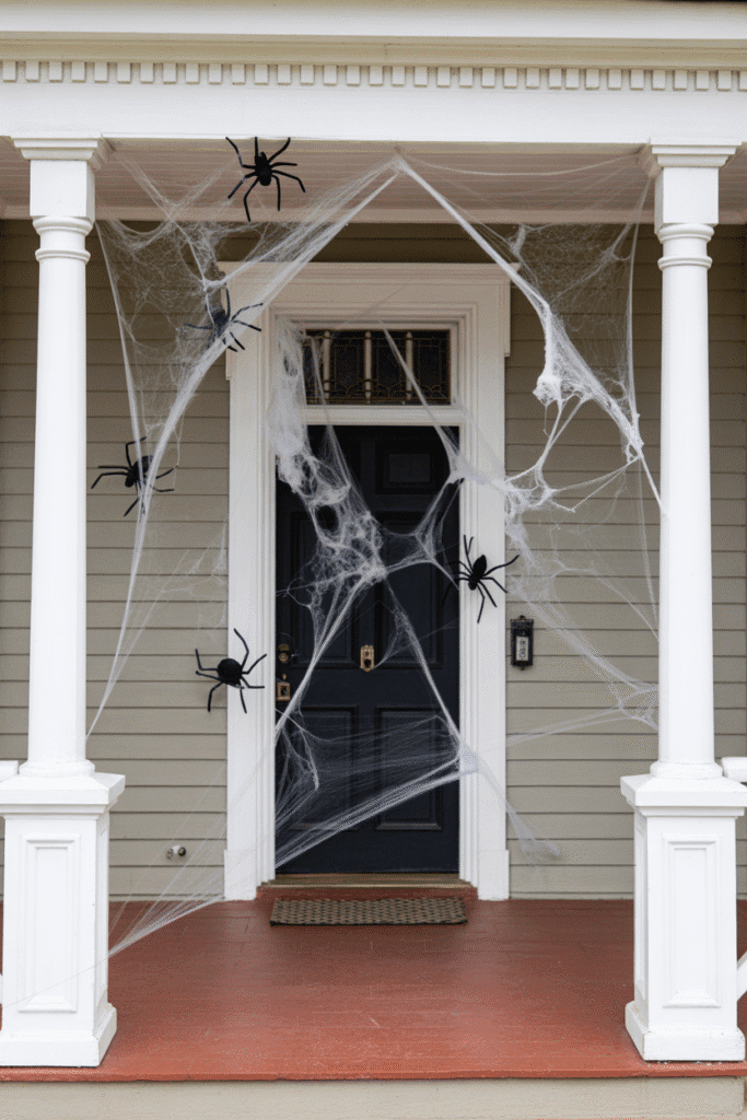 Halloween porch with large spider webs, plastic spiders, and spooky decor elements
