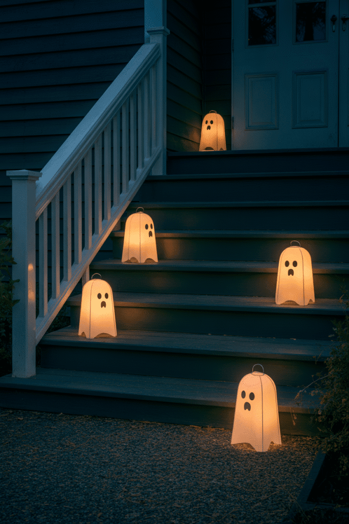 Halloween porch steps decorated with glowing ghost lanterns for a spooky effect