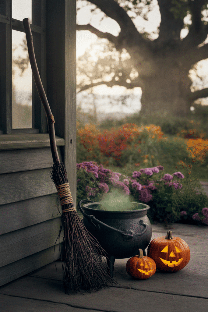 Halloween witch broom leaning against the porch railing with pumpkins and cauldron decor