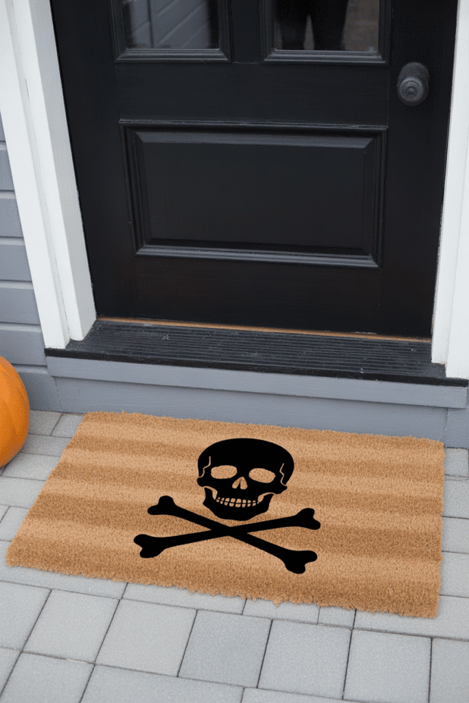 Skull and bones Halloween doormat placed at the porch entrance for spooky decor
