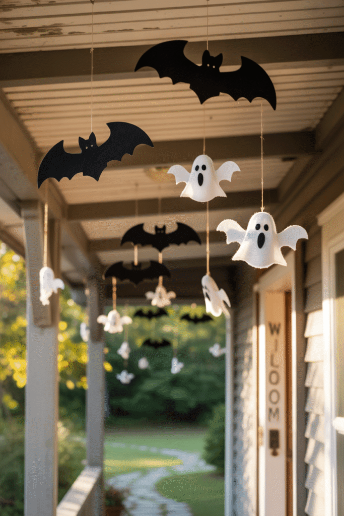 Halloween porch ceiling with floating bats and ghosts for a spooky look