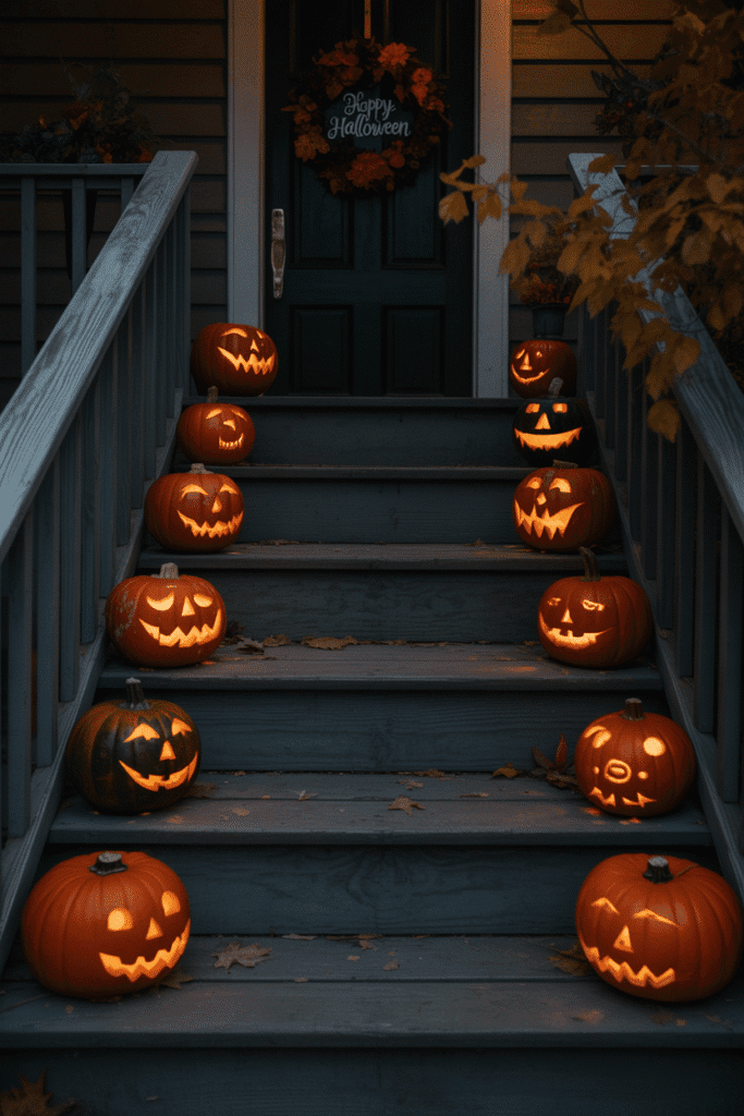 Halloween porch steps with glowing jack-o'-lanterns lighting the way for trick-or-treaters