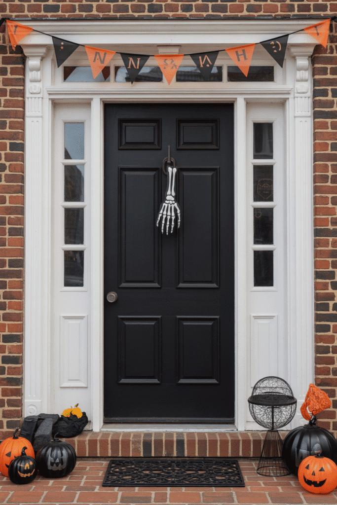Skeleton hand door knocker on a Halloween porch, creating a spooky front door look