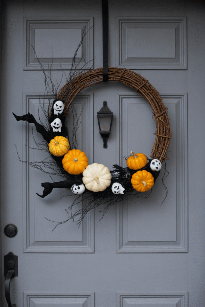 Halloween wreath made with black branches and pumpkins, hanging on a spooky porch door