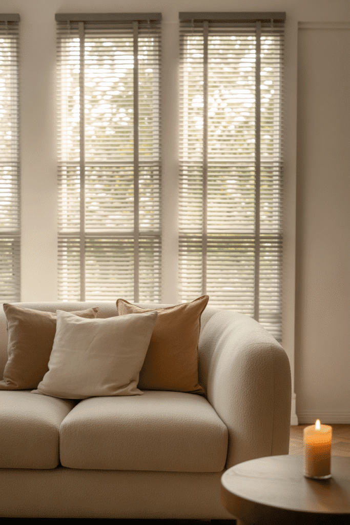 Cellular shades offer insulation and energy efficiency while blending seamlessly with the living room decor.

