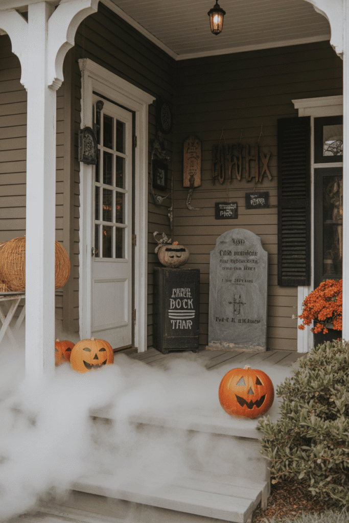 Halloween porch with fog machine adding eerie mist around spooky decorations