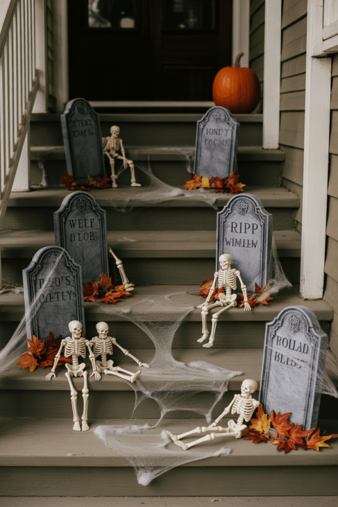 Halloween tombstone decorations placed along a porch walkway for a spooky graveyard effect