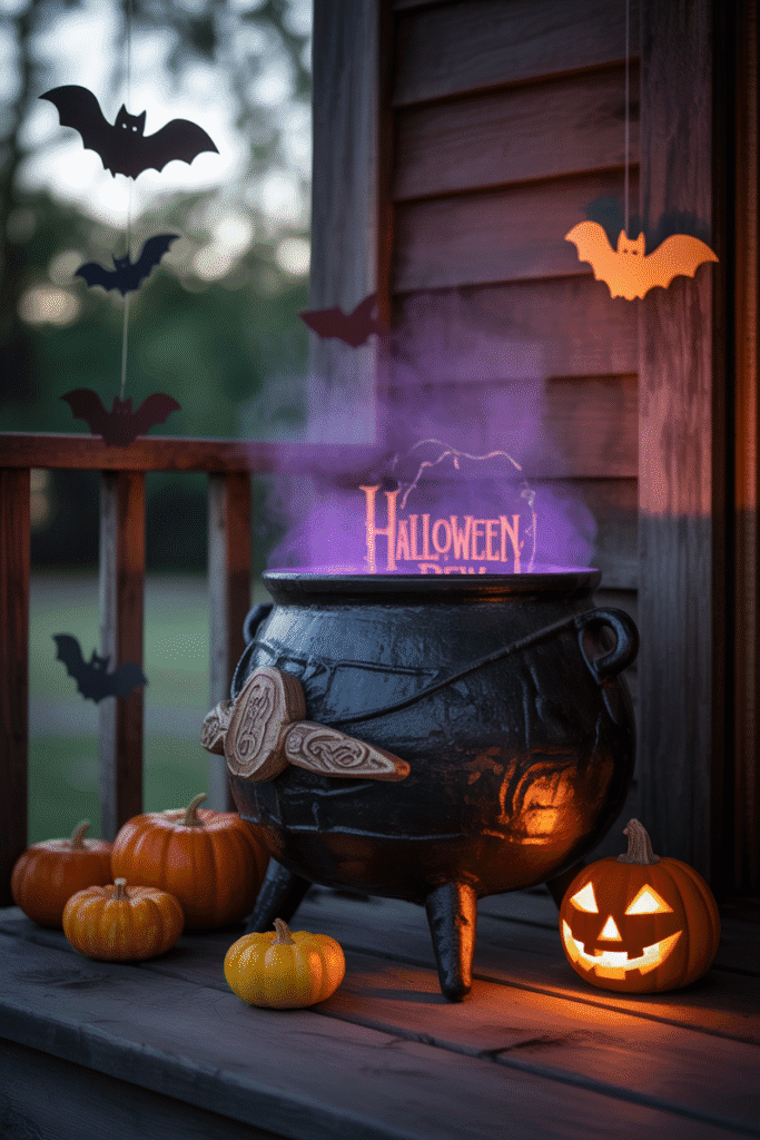 Halloween cauldron drink station on the porch, surrounded by pumpkins and spooky decor