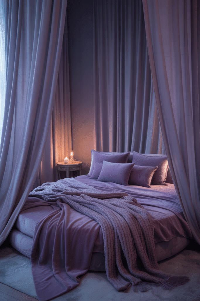 A luxurious bedroom with deep plum walls, gold lighting fixtures, and purple velvet bedding for a moody, romantic vibe.