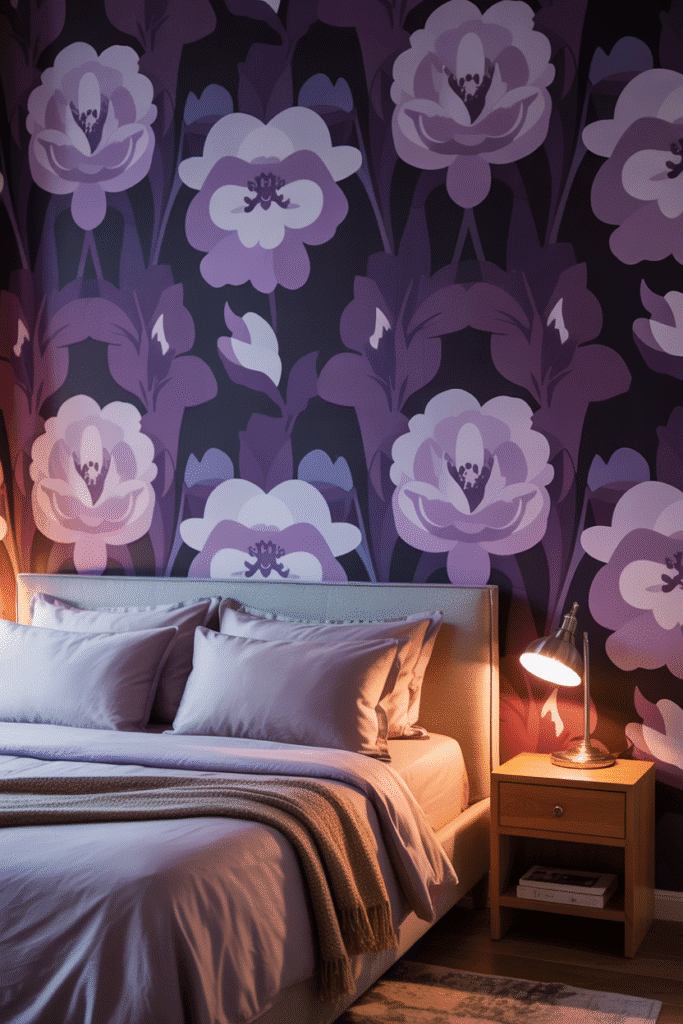A moody floral accent wall with purple tones, adding bold character to a purple bedroom.