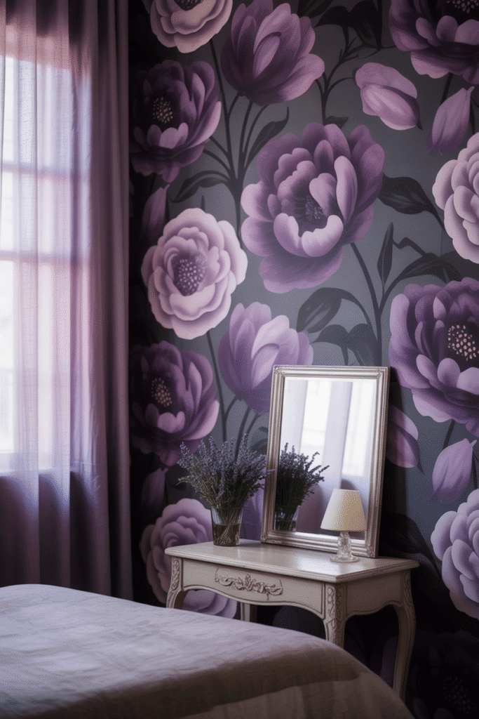 A moody floral accent wall with purple tones, adding bold character to a purple bedroom.