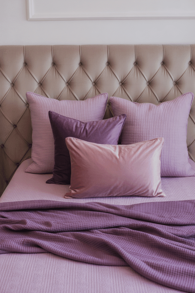 A beautifully layered purple bed with mixed tones and textures, creating a moody and rich look.