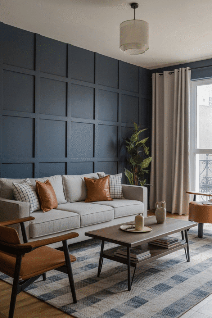 Grid paneling painted navy blue gives this living space structure and modern elegance.

