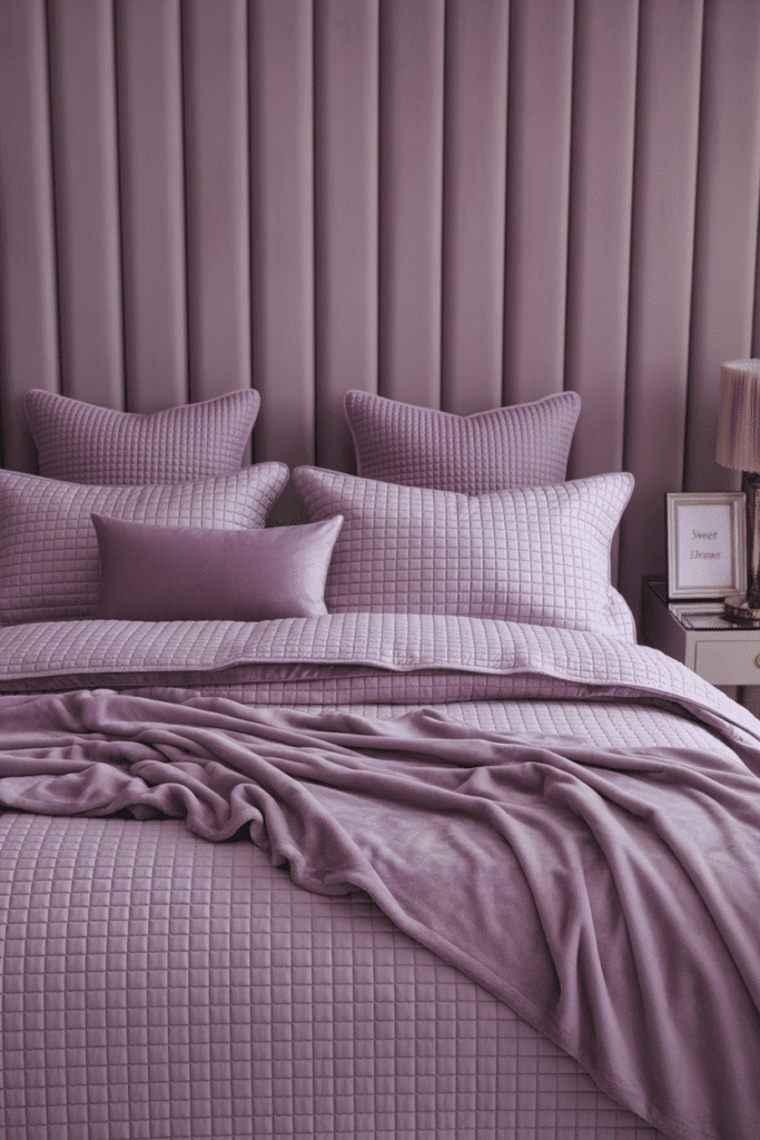 A beautifully layered purple bed with mixed tones and textures, creating a moody and rich look.