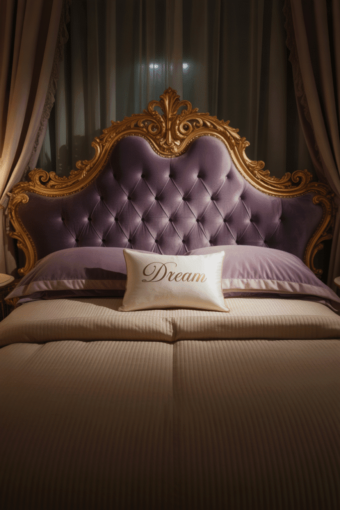 A dramatic bedroom featuring rich velvet textures in purple for a soft, regal feel.