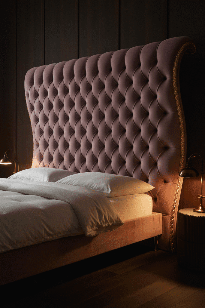 A dramatic bedroom featuring rich velvet textures in purple for a soft, regal feel.