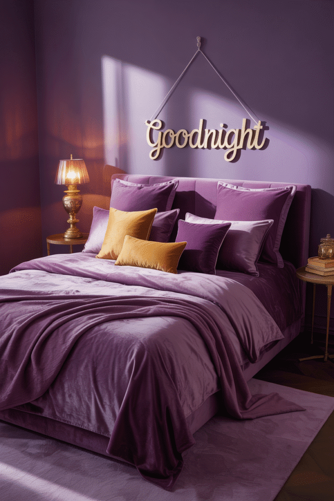 Elegant moody bedroom with metallic gold accents that enhance the deep purple palette.