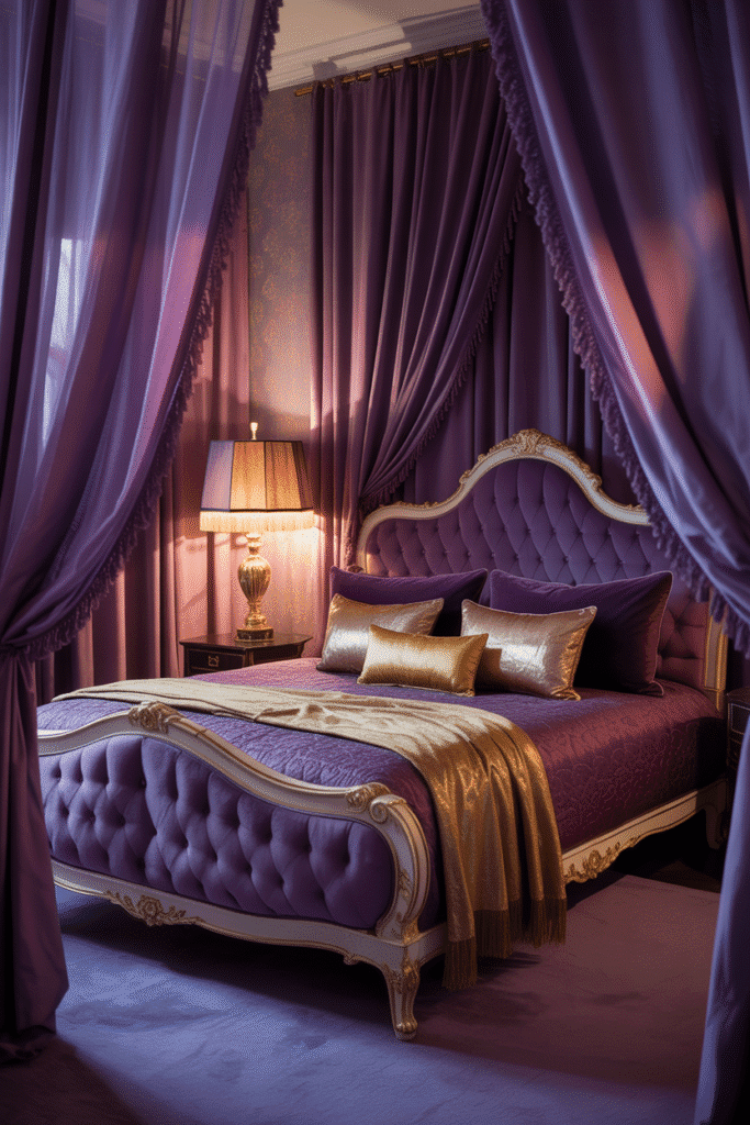 Elegant moody bedroom with metallic gold accents that enhance the deep purple palette.
