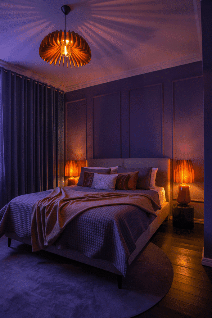 A softly lit moody bedroom with purple decor and warm, golden ambient lighting.