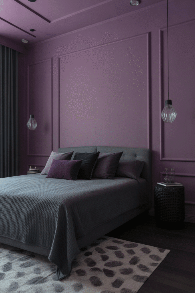 A moody purple room balanced with black and charcoal tones for a grounded, dramatic look.