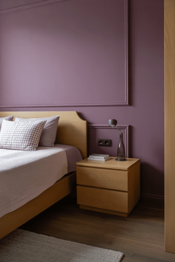 A cozy purple bedroom featuring natural wood elements that add warmth and texture.