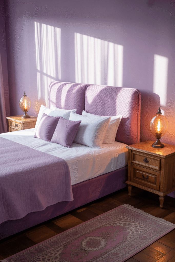 A cozy purple bedroom featuring natural wood elements that add warmth and texture.