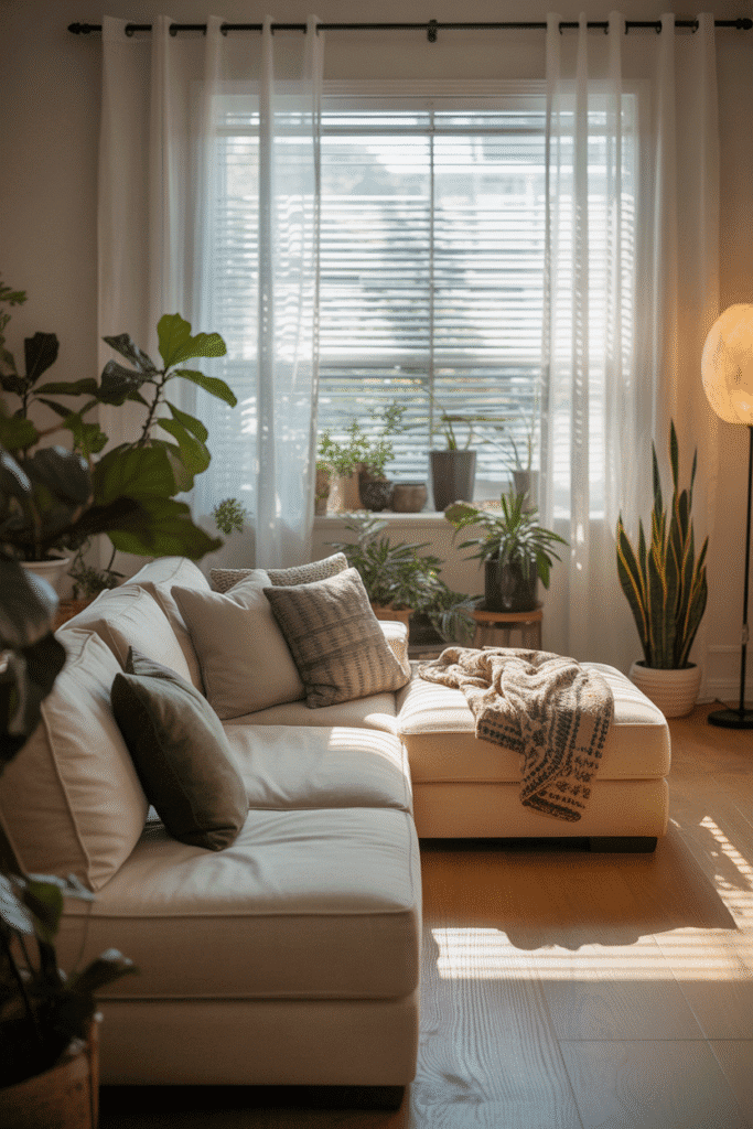 Sheer shades softly diffuse natural light in a calm and elegant living room.

