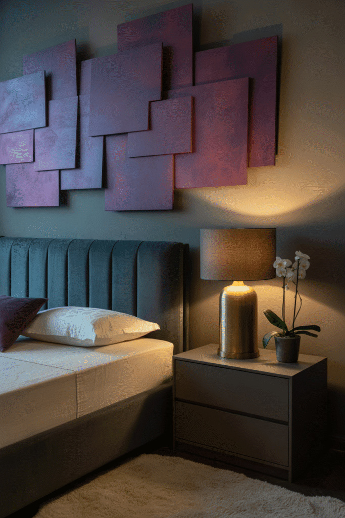 Artistic moody purple bedroom showcasing violet abstract paintings and textured decor.
