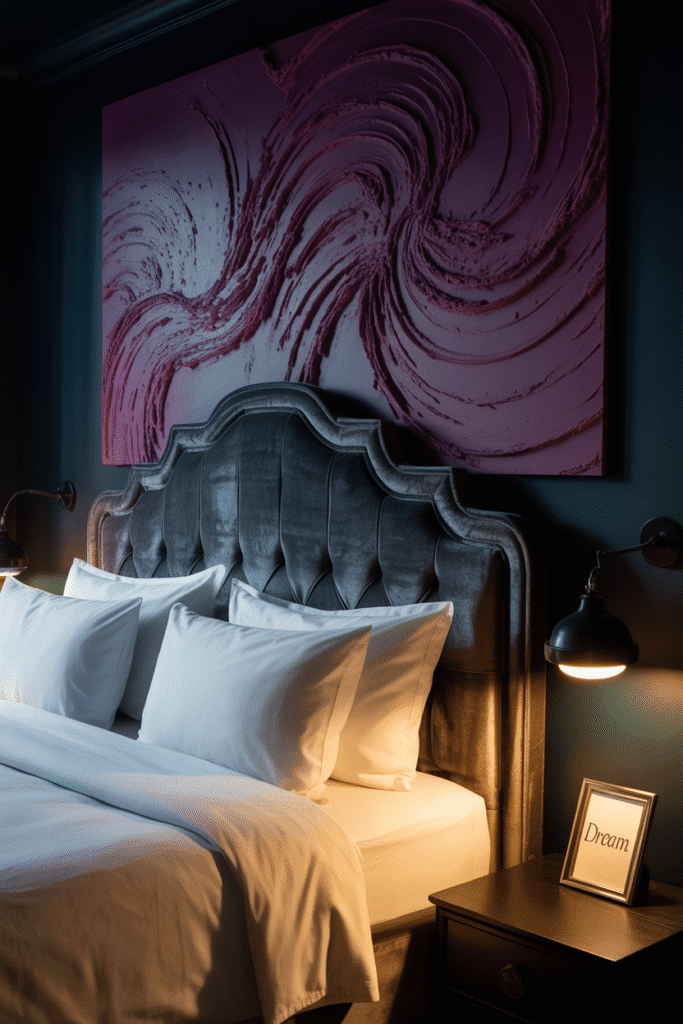 Artistic moody purple bedroom showcasing violet abstract paintings and textured decor.