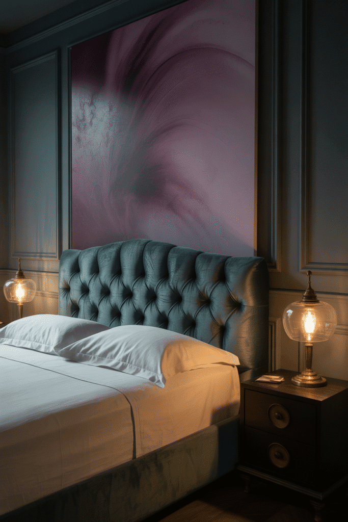 Artistic moody purple bedroom showcasing violet abstract paintings and textured decor.