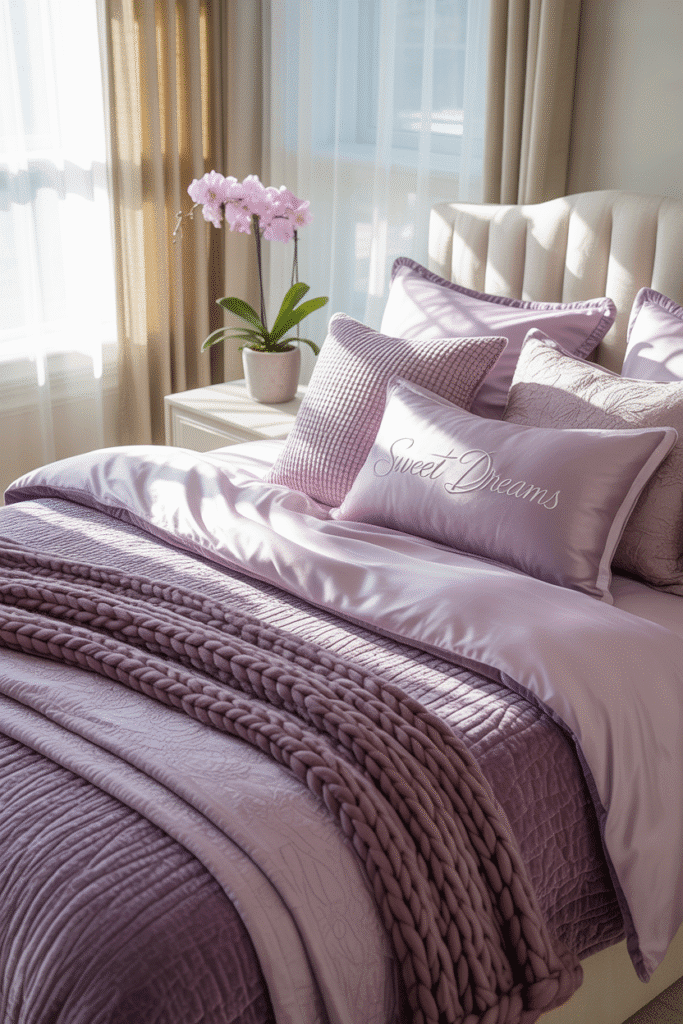 Layered moody bedding in shades of purple, combining textures for depth and comfort.