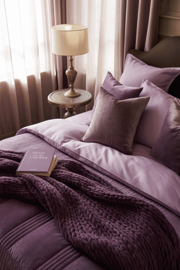Layered moody bedding in shades of purple, combining textures for depth and comfort.