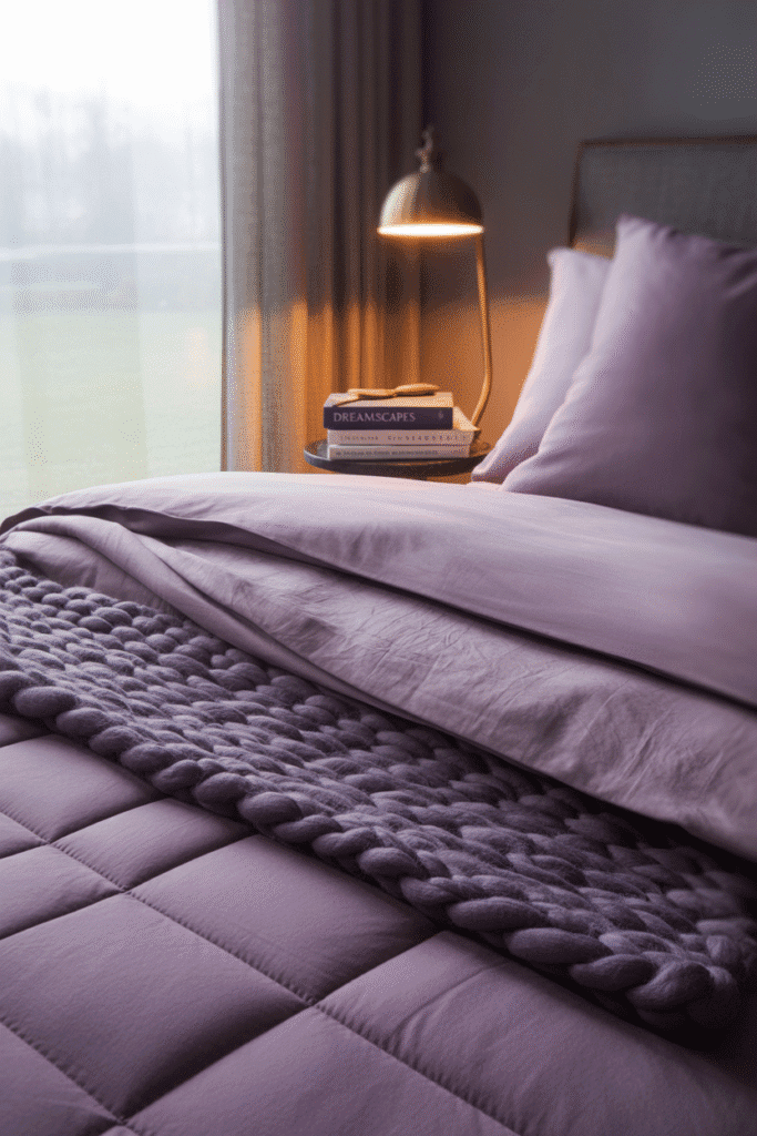 Layered moody bedding in shades of purple, combining textures for depth and comfort.