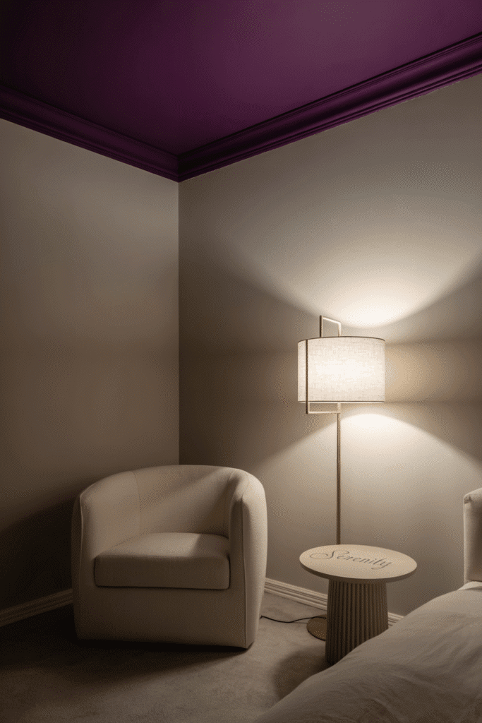 A stylish moody bedroom with a dramatic purple ceiling and soft atmospheric lighting.