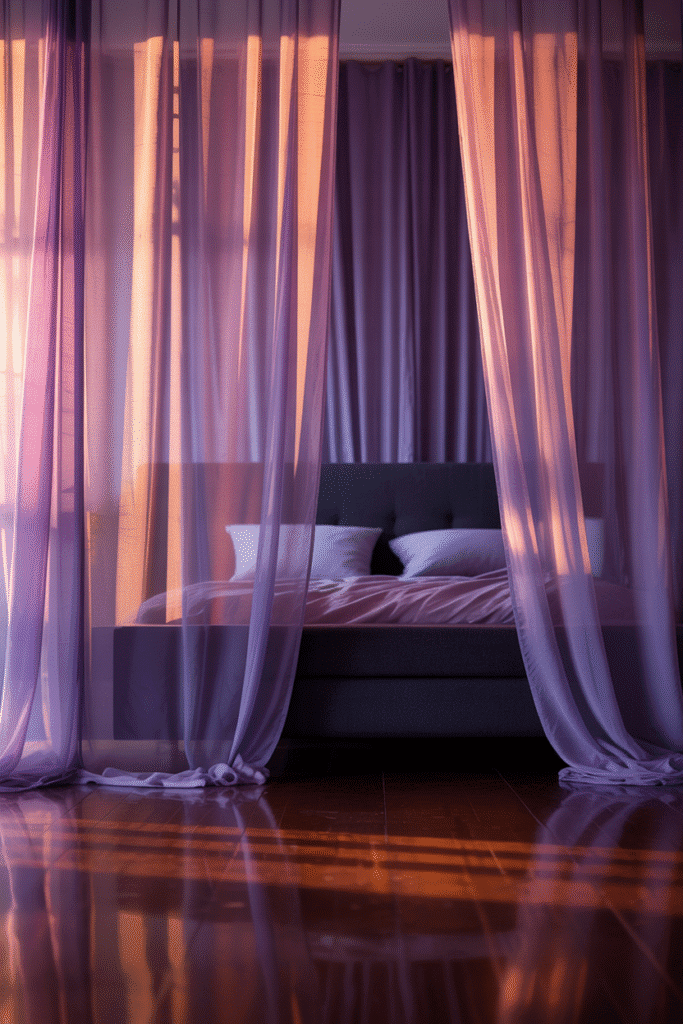 A moody bedroom with sheer lilac curtains, adding light movement and softness.