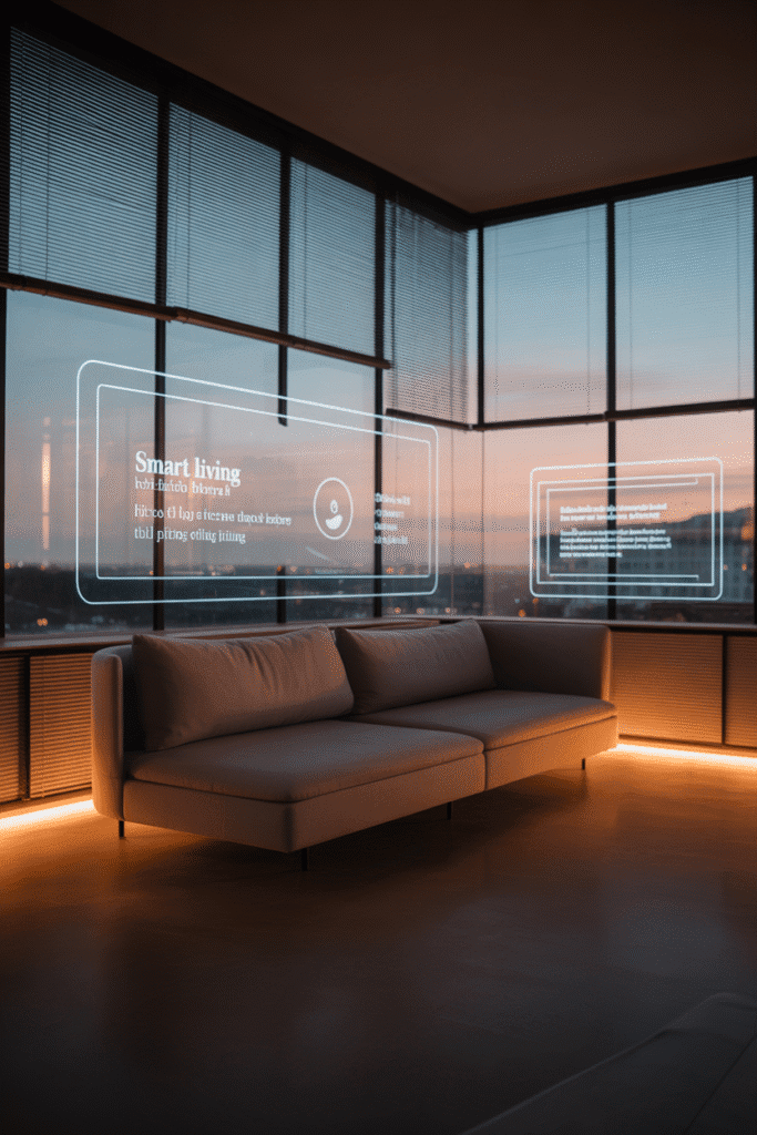 Smart blinds provide tech-friendly, automated light control in a sleek modern living room.

