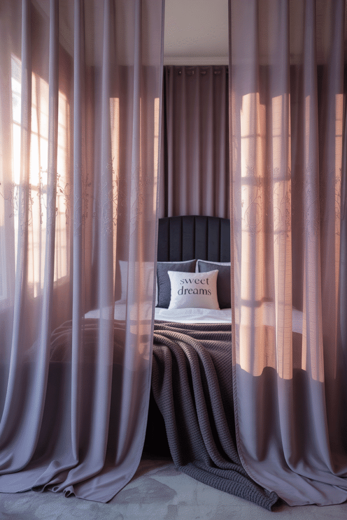 A moody bedroom with sheer lilac curtains, adding light movement and softness.