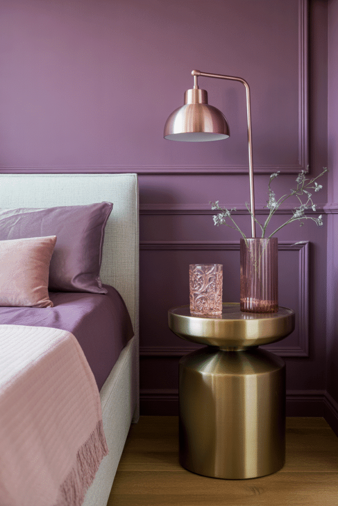 Metallic finishes in a moody purple room add luxury and light-reflecting contrast.