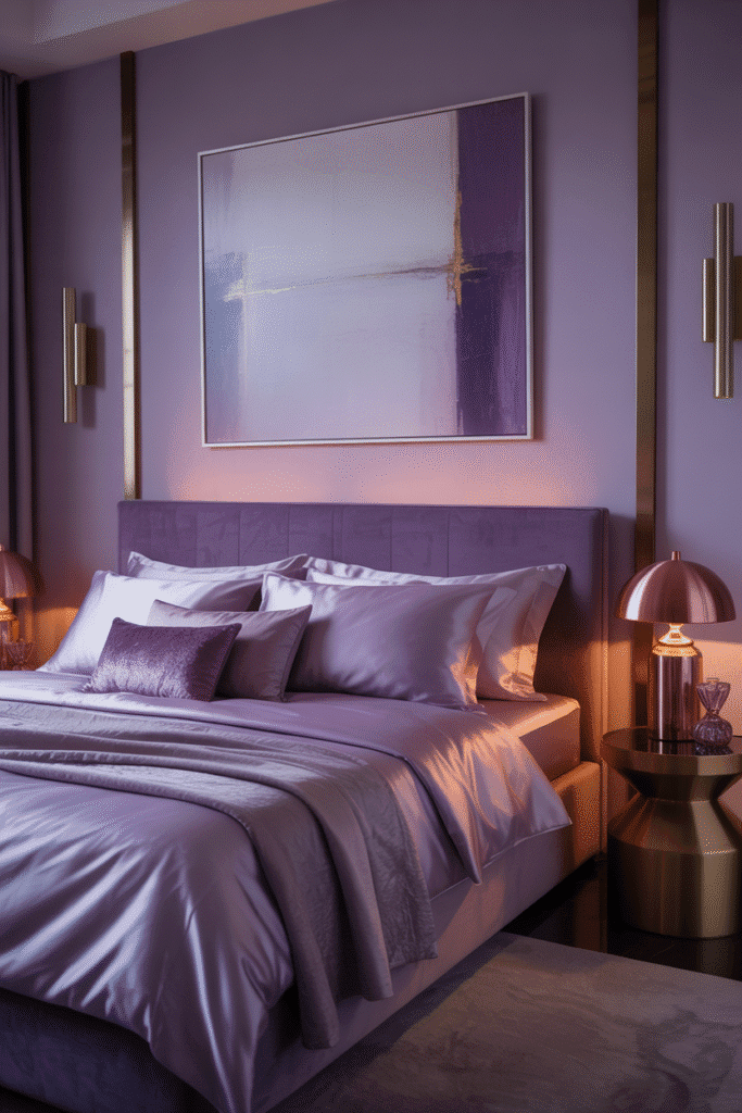Metallic finishes in a moody purple room add luxury and light-reflecting contrast.