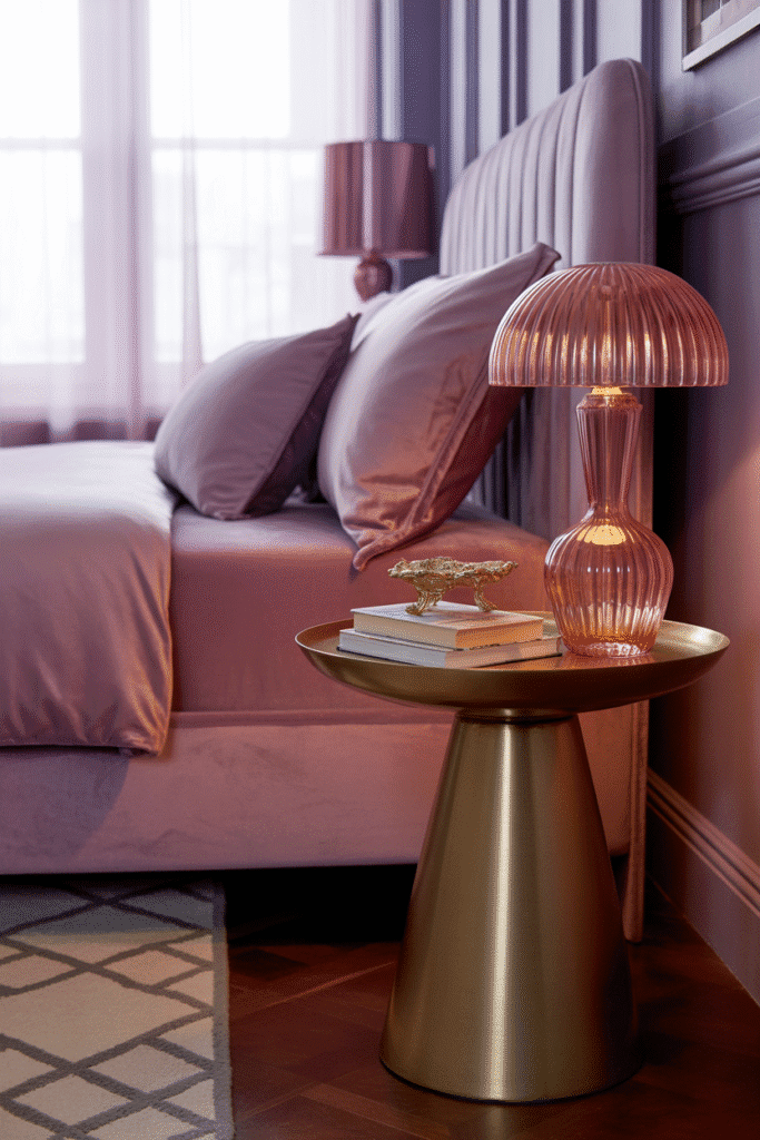 Metallic finishes in a moody purple room add luxury and light-reflecting contrast.
