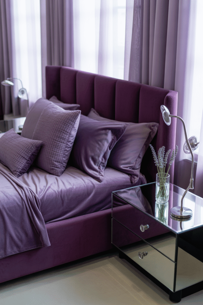 Reflective surfaces in a moody purple bedroom add dimension and light contrast.