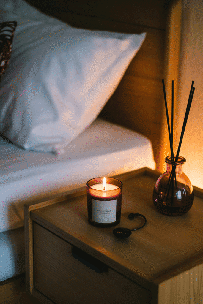 Moody purple bedroom with scented candles and incense to enhance the emotional atmosphere.