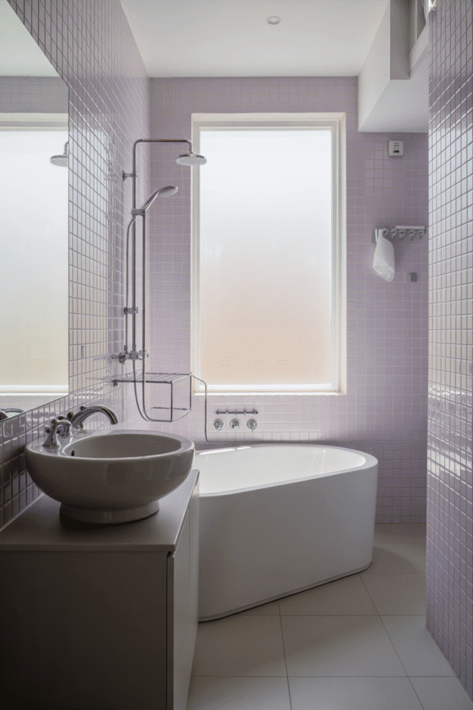 A light and airy bathroom with lavender walls and crisp white fixtures for a calming spa vibe.