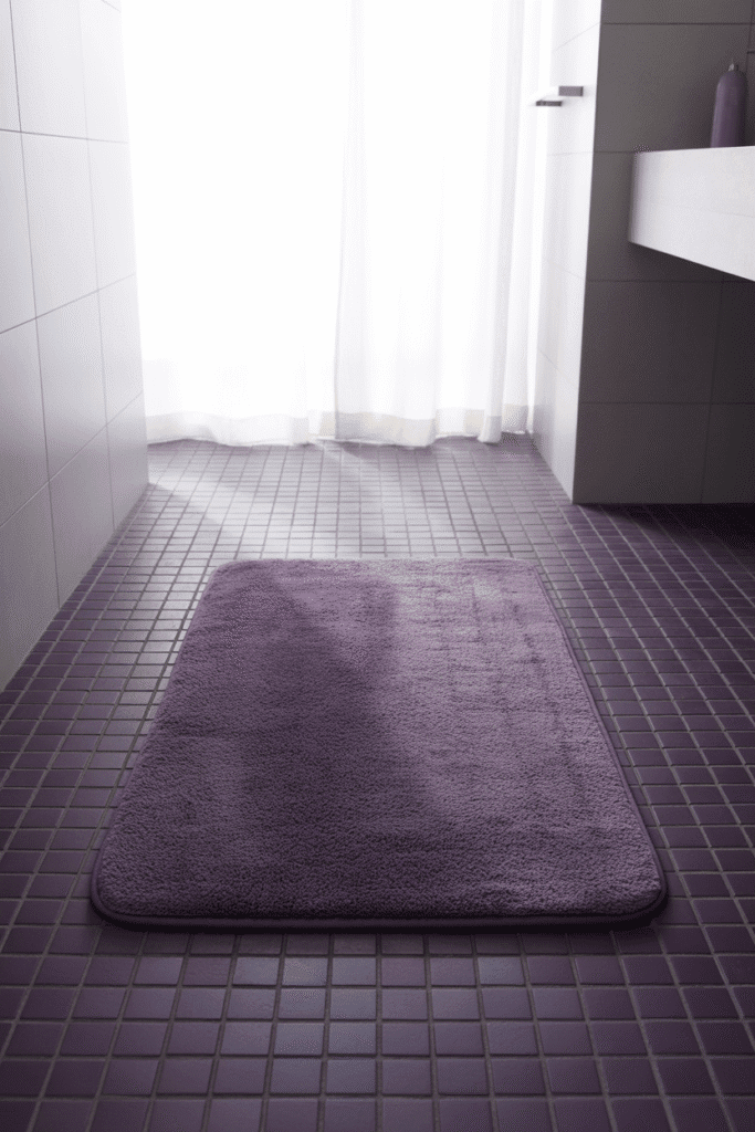 Bold eggplant tile flooring adds contrast and sophistication to a neutral-toned bathroom.