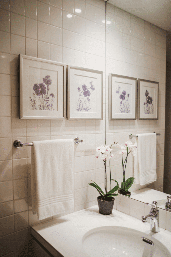 A minimalist bathroom enhanced with purple-themed wall art for a subtle color accent.