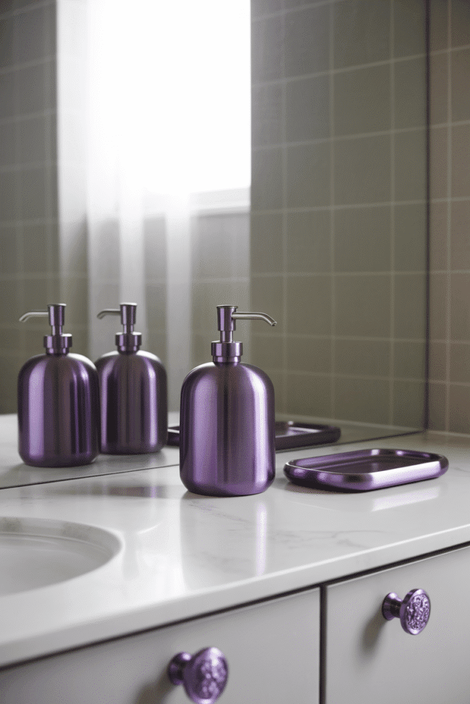 Small purple metallic accessories that bring style and shine to a contemporary bathroom setup.