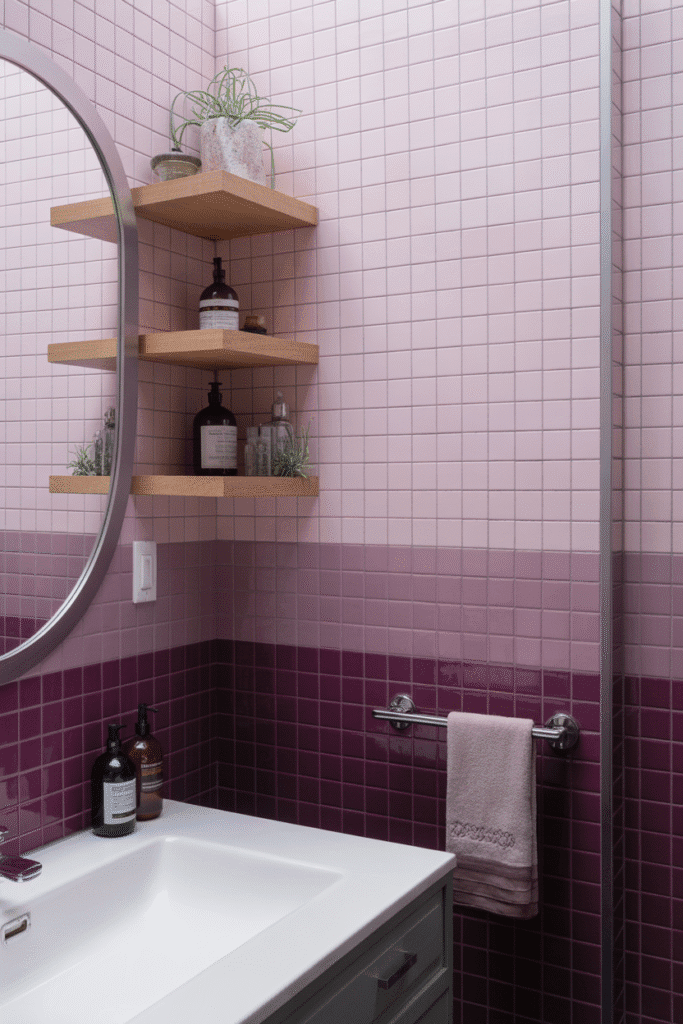 A gradient purple wall brings flow and softness to a visually striking bathroom design.