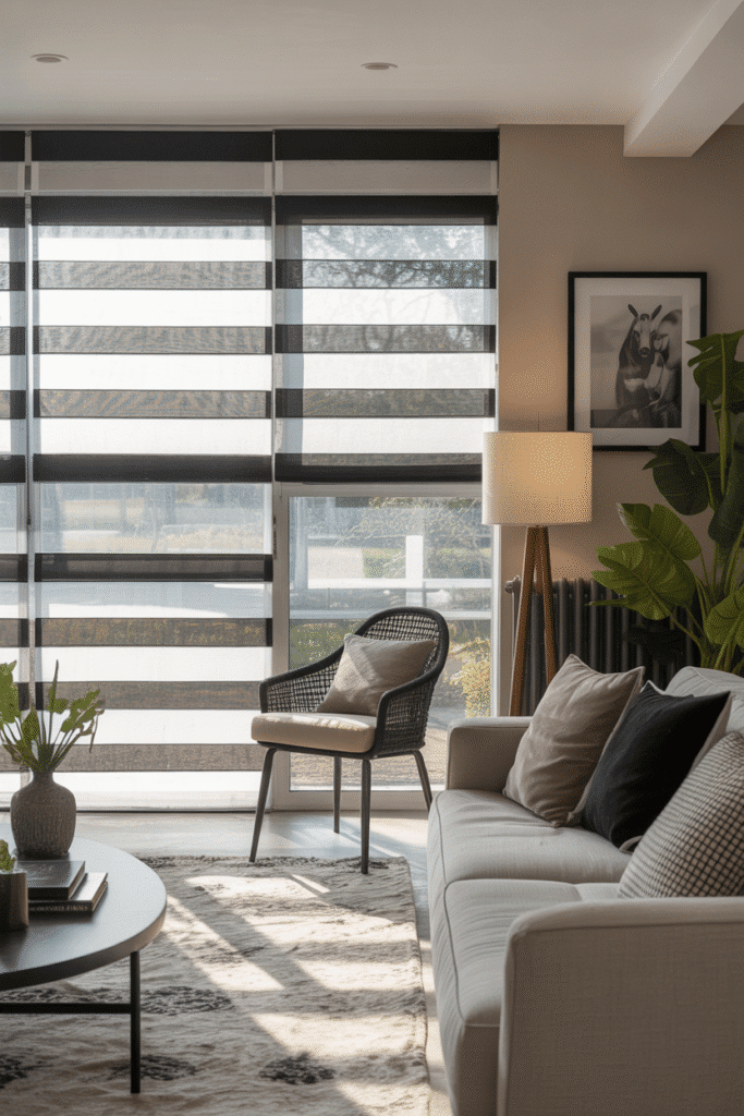 Zebra shades provide adjustable privacy and modern style in a contemporary living room.

