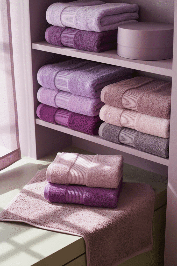 Cozy bathroom with layered purple linens creating a warm and inviting vibe.